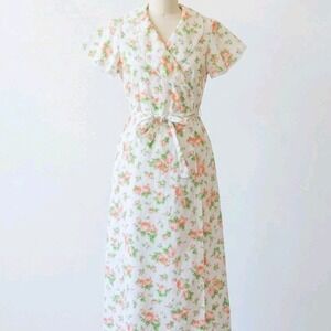 VTG 70s Sears Floral Maxi Wrap Dress Large Flutter Sleeve Cottagecore Boho Rose